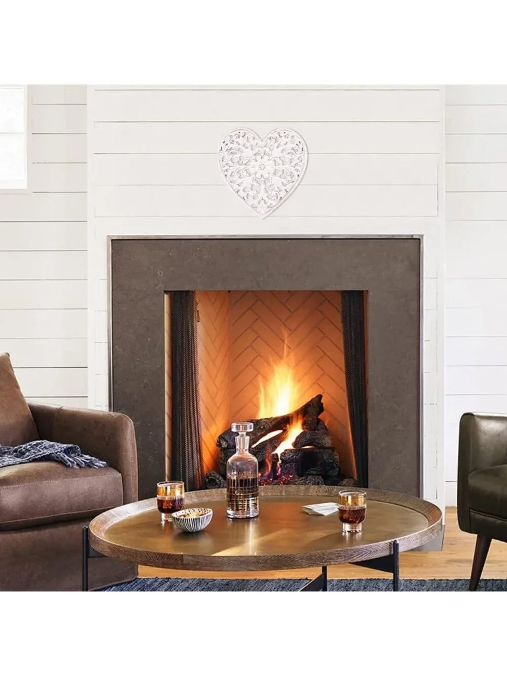 Rustic Floral Carved Wall Art Panel - Heart Shape Hanging Decor for Home